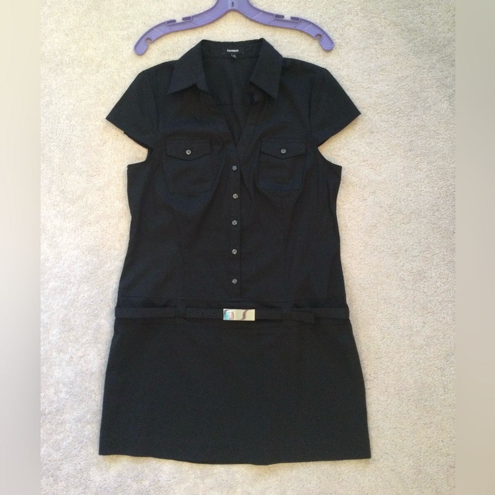 EXPRESS, black, belted mini dress w/cap sleeves